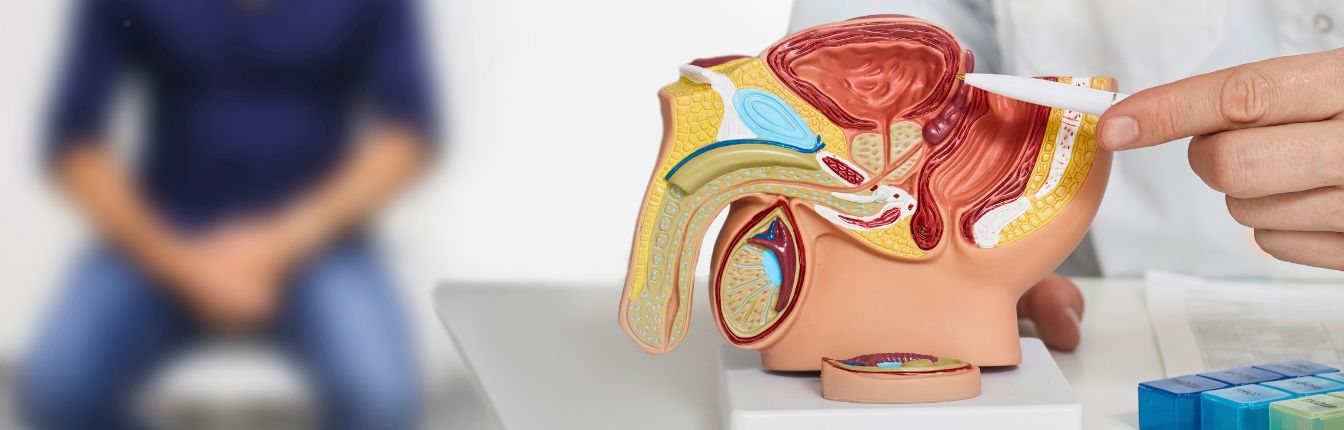 A doctor showing a model of a man's prostate, there is a patient sitting in the background.