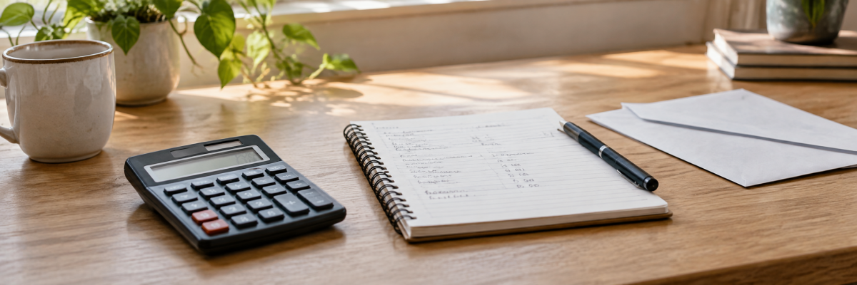 Calculator, notebook, pen and envelopes on a wooden desk prepared for personal budgeting.